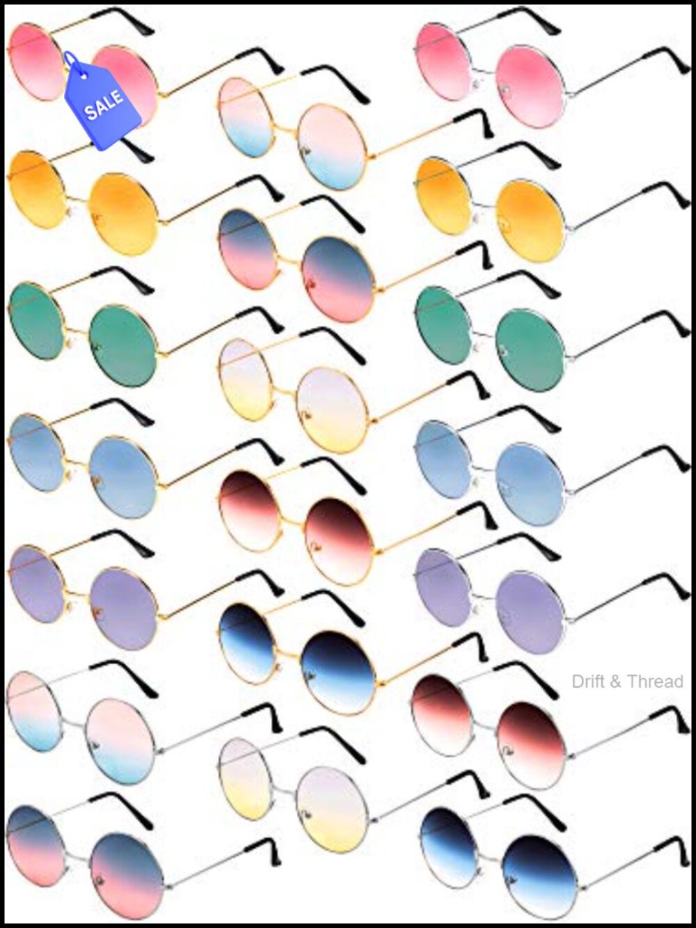 20 Pairs Hippie Sunglasses Retro Round Metal Frame Full Frame Polarized Unisex